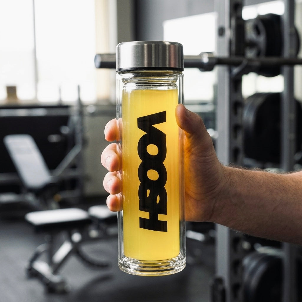 VOOSH Glass Bottle 375ml — lifestyle shot, premium hydration accessory
