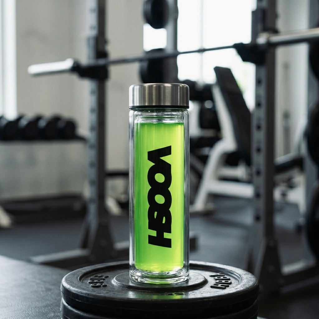 VOOSH Glass Bottle with tea strainer and stainless steel lid — top down view