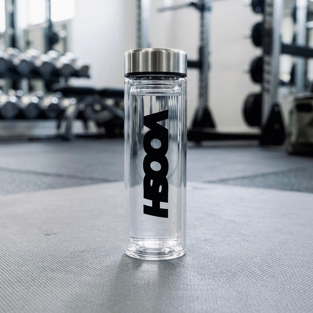 VOOSH Double Wall Glass Bottle 375ml with stainless steel lid — front view